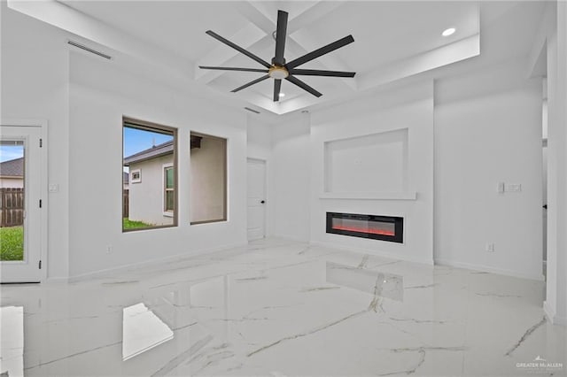 unfurnished living room featuring marble finish floor, recessed lighting, a glass covered fireplace, ceiling fan, and baseboards