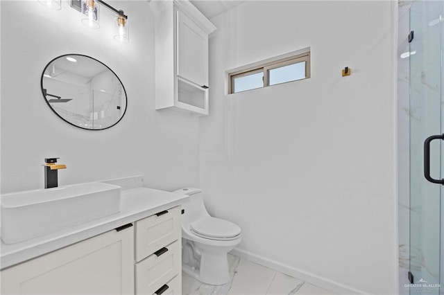 full bath with toilet, vanity, baseboards, marble finish floor, and a stall shower