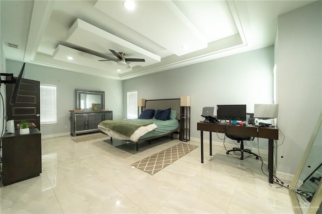 1833 Cortez Dr, Alamo, TX 78516 - bedroom featuring a tray ceiling, a desk, ceiling fan, and recessed lighting
