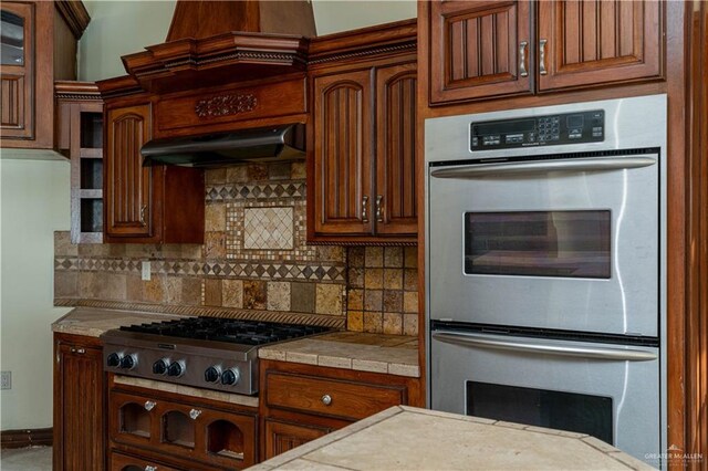 kitchen with ventilation hood, appliances with stainless steel finishes, and tasteful backsplash