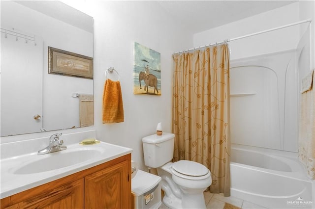 full bathroom featuring tile patterned flooring, vanity, shower / tub combo with curtain, and toilet