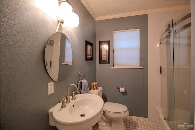 513 S Cynthia St, Mcallen, TX 78501 - full bathroom featuring ornamental molding, bath / shower combo with glass door, and tile patterned floors