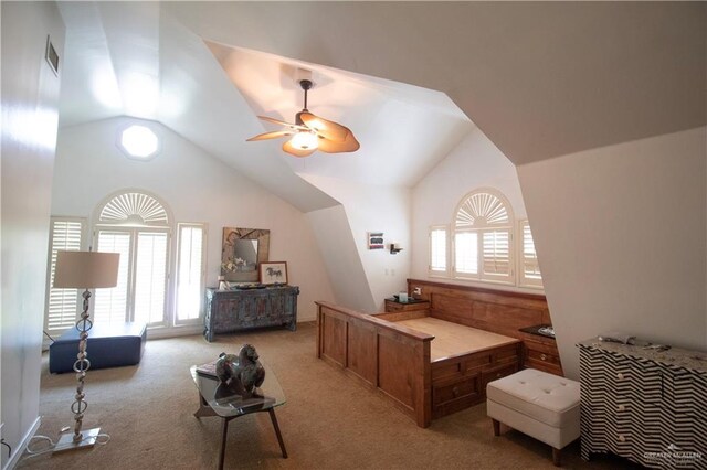 513 S Cynthia St, Mcallen, TX 78501 - carpeted bedroom featuring lofted ceiling, multiple windows, and ceiling fan