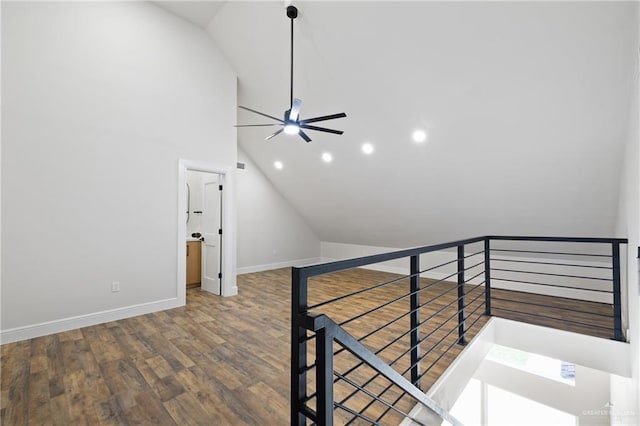 600 Bluebird Ave, Mcallen, TX 78504 - staircase with lofted ceiling, ceiling fan, wood finished floors, baseboards, and recessed lighting