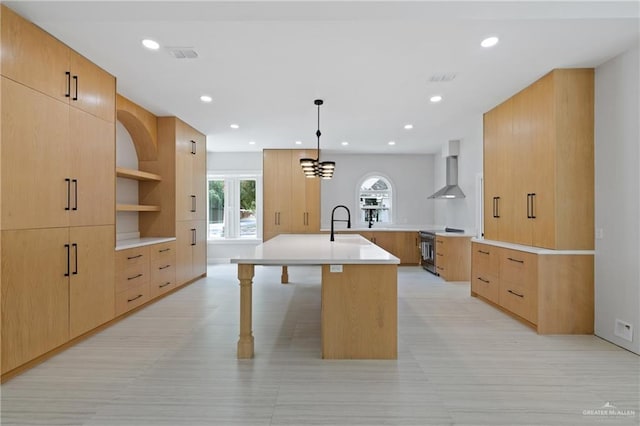 600 Bluebird Ave, Mcallen, TX 78504 - kitchen featuring wall chimney range hood, modern cabinets, electric stove, and recessed lighting