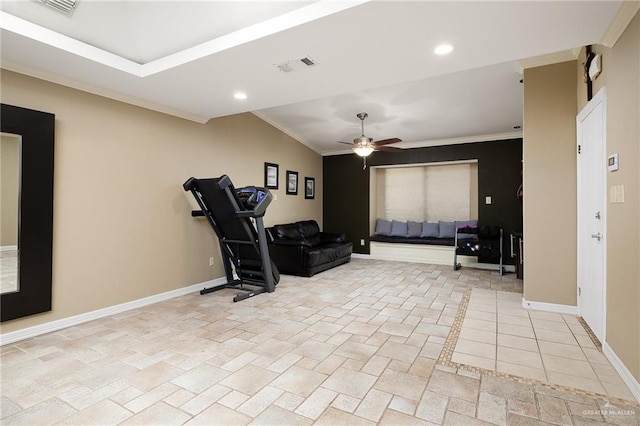 workout room featuring ornamental molding, vaulted ceiling, and ceiling fan