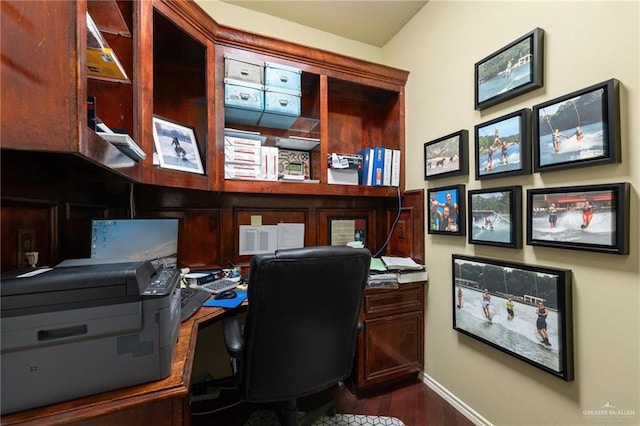 office featuring dark wood-style floors and baseboards