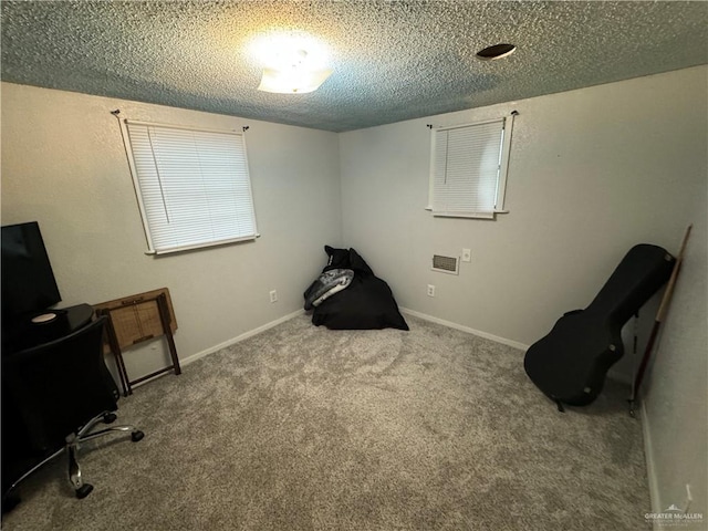 miscellaneous room with carpet flooring, a textured ceiling, and baseboards