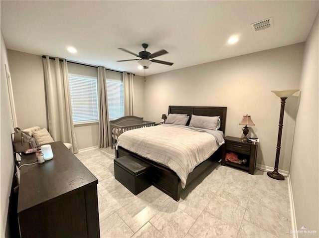 bedroom with ceiling fan, recessed lighting, visible vents, and baseboards