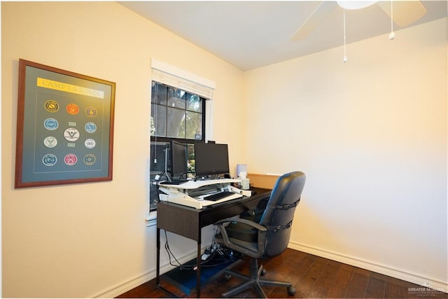 home office with ceiling fan and dark wood-type flooring