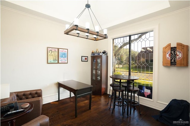 dining area with crown molding and dark wood-type flooring