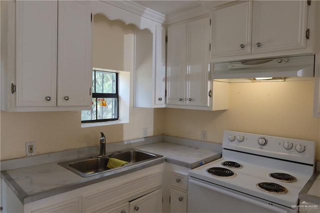 116 N Kansas Ave, Weslaco, TX 78596 - kitchen featuring white electric stove, a sink, under cabinet range hood, and white cabinets