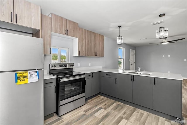 kitchen featuring sink, stainless steel appliances, kitchen peninsula, pendant lighting, and gray cabinets