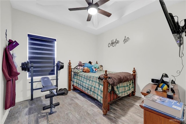 308 N Holland Ave, Mission, TX 78572 - bedroom with wood finished floors, a ceiling fan, and a raised ceiling