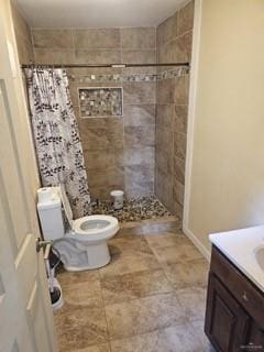 bathroom featuring toilet, vanity, and a shower with shower curtain