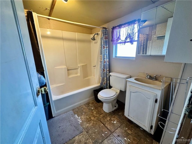 bathroom featuring toilet, shower / bath combo, and vanity