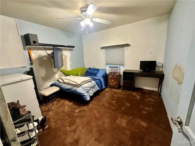 bedroom with a ceiling fan and cooling unit