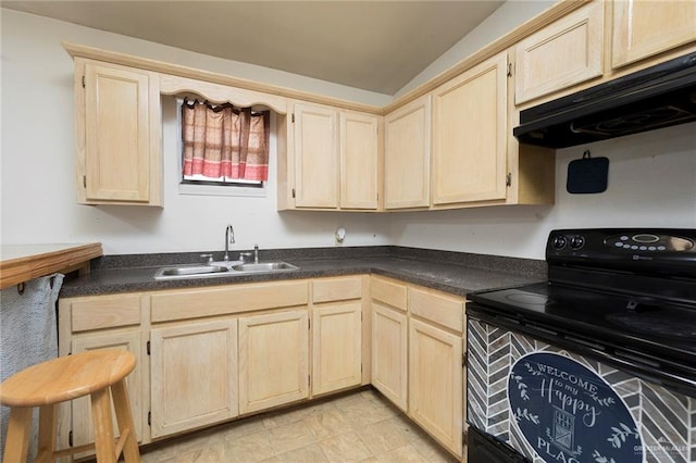 kitchen with dark countertops, black electric range, under cabinet range hood, light brown cabinets, and a sink