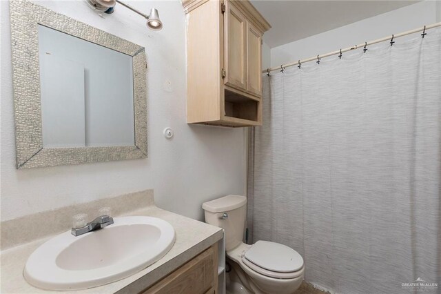 full bathroom with vanity, toilet, and a shower with curtain