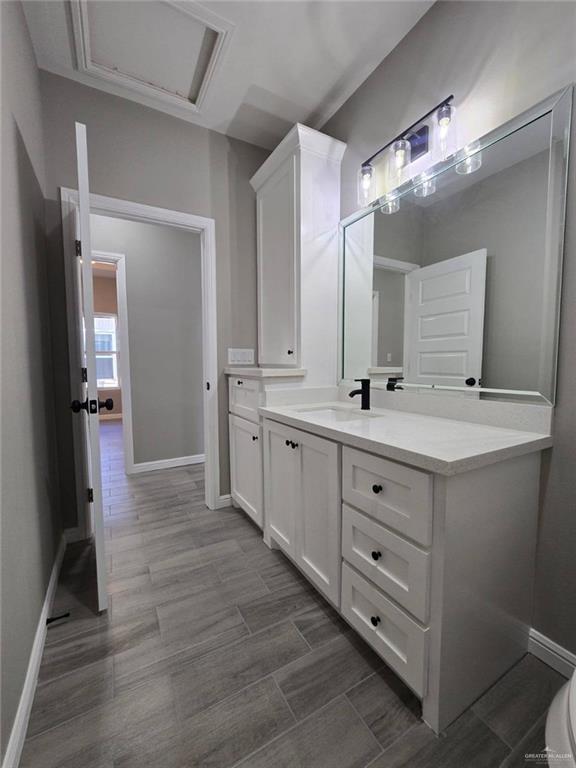 1204 Cornerstone Loop, Rio Grande City, TX 78582 - bathroom featuring vanity, baseboards, and wood finished floors