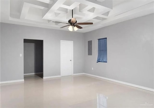 unfurnished bedroom with electric panel, baseboards, coffered ceiling, and ceiling fan