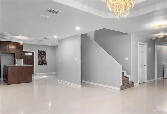 living room featuring recessed lighting, visible vents, baseboards, and stairs