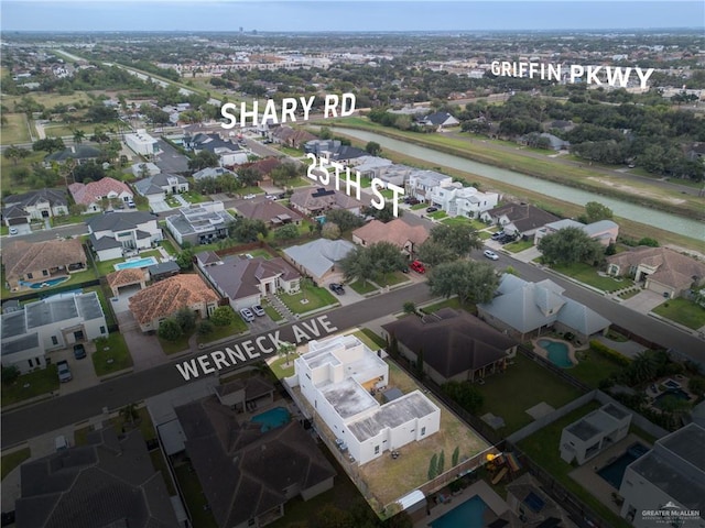 aerial view featuring a water view