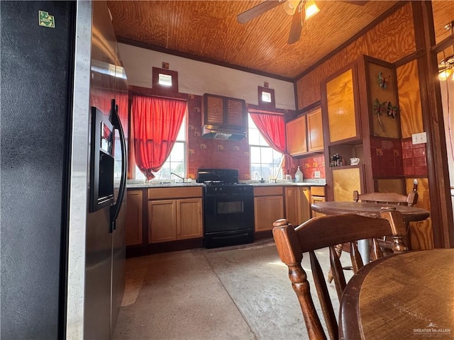 kitchen with stainless steel refrigerator with ice dispenser, wooden ceiling, ornamental molding, black gas stove, and ceiling fan