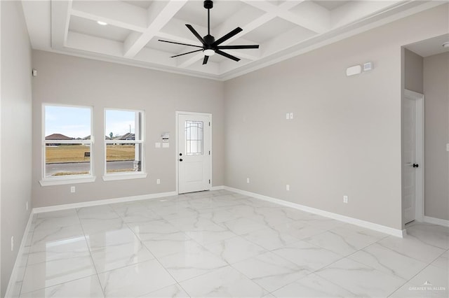 unfurnished room featuring marble finish floor, a high ceiling, coffered ceiling, and baseboards