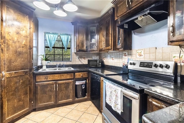 kitchen with sink, backsplash, dark brown cabinetry, and black appliances