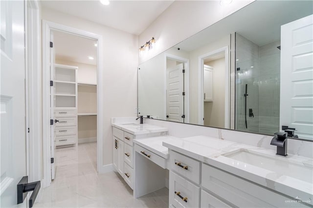 1608 Diplomat Dr, Edinburg, TX 78542 - full bathroom with a stall shower, double vanity, marble look tile flooring, a walk in closet, and baseboards