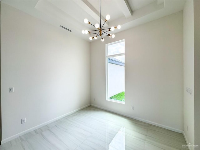 unfurnished room with baseboards, visible vents, beamed ceiling, and a chandelier