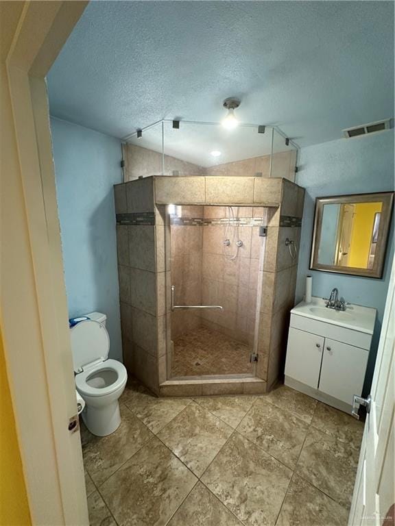 bathroom with vanity, a textured ceiling, vaulted ceiling, a shower with door, and toilet