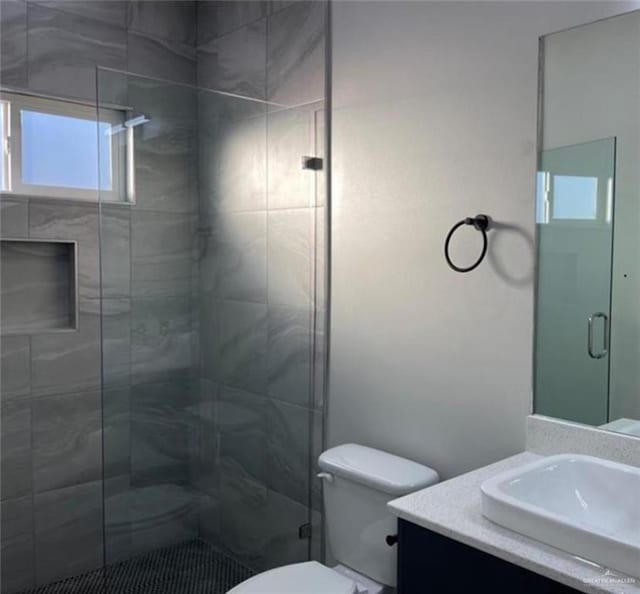 bathroom featuring vanity, an enclosed shower, and toilet