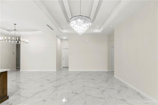 4313 Xenops Ave, Mcallen, TX 78504 - empty room featuring a chandelier, a tray ceiling, baseboards, recessed lighting, and light marble finish floors