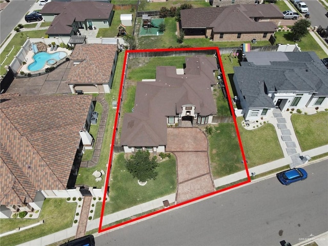 3705 Joycee Dr, Mission, TX 78572 - aerial perspective of suburban area featuring a pool area and property boundaries highlighted