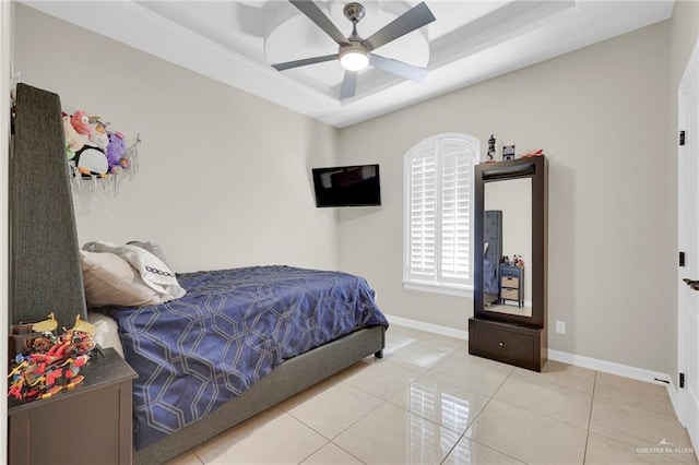 3705 Joycee Dr, Mission, TX 78572 - bedroom with a raised ceiling, tile patterned floors, and ceiling fan