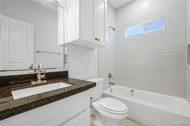full bath featuring vanity, toilet, marble finish floor, and shower / bathtub combination
