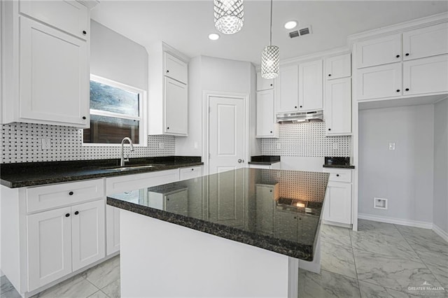 kitchen with visible vents, marble finish floor, under cabinet range hood, and a sink