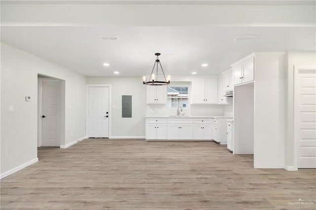 kitchen featuring electric panel, sink, white cabinets, and light hardwood / wood-style floors