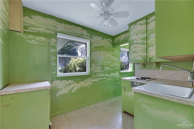 kitchen with a textured ceiling, ceiling fan, sink, and green cabinetry