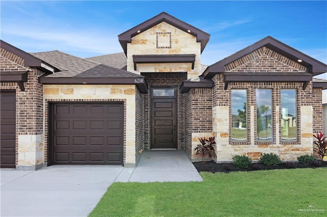 view of front facade with a front yard and a garage