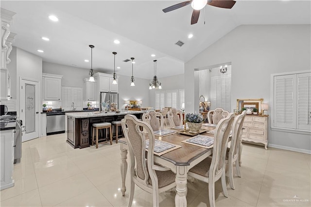 3313 Cornell Ave, Mcallen, TX 78504 - dining area featuring ceiling fan, high vaulted ceiling, light tile patterned floors, and recessed lighting