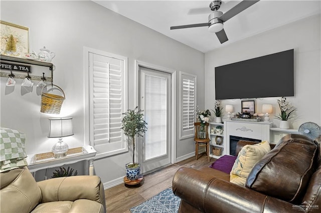 3313 Cornell Ave, Mcallen, TX 78504 - living room with wood finished floors, ceiling fan, baseboards, and a glass covered fireplace