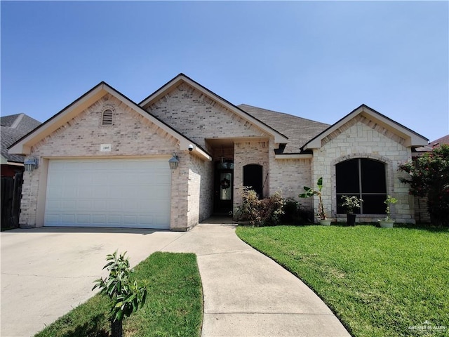 view of front of house with a front lawn and a garage