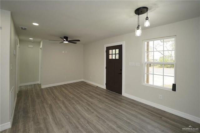 entryway featuring ceiling fan and dark hardwood / wood-style flooring