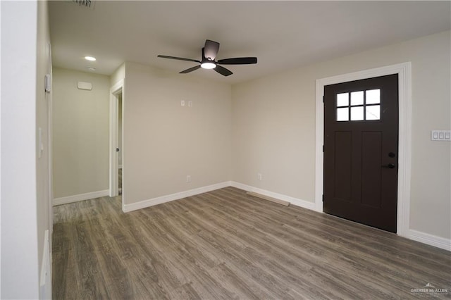 entrance foyer featuring hardwood / wood-style flooring and ceiling fan