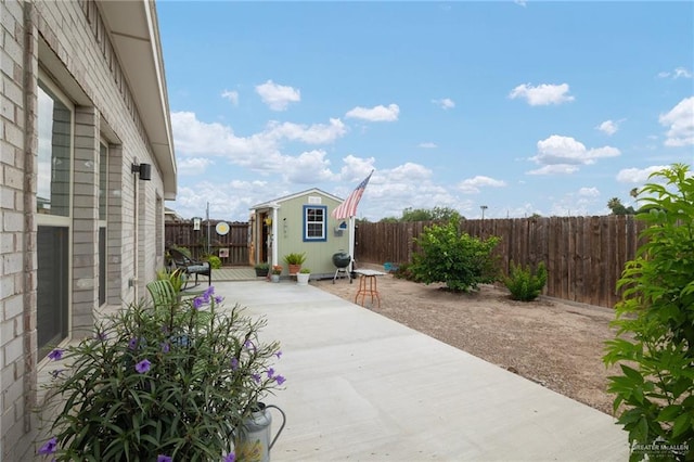 311 S Templo Dorado St, Mission, TX 78572 - fenced backyard with a patio area, a storage shed, and area for grilling