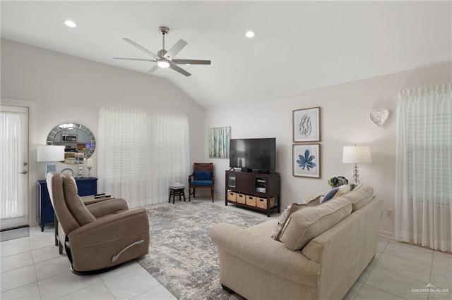311 S Templo Dorado St, Mission, TX 78572 - living area featuring vaulted ceiling, a ceiling fan, light tile patterned floors, and recessed lighting