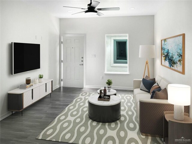 living room with dark hardwood / wood-style floors and ceiling fan